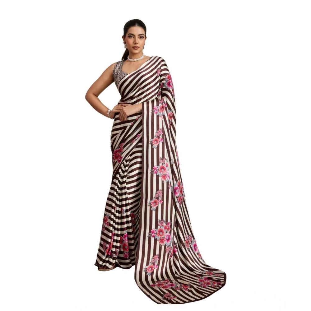 Vaystra Satin Crepe Printed Saree With Unstitched Blouse 5.5Mtr – Brown