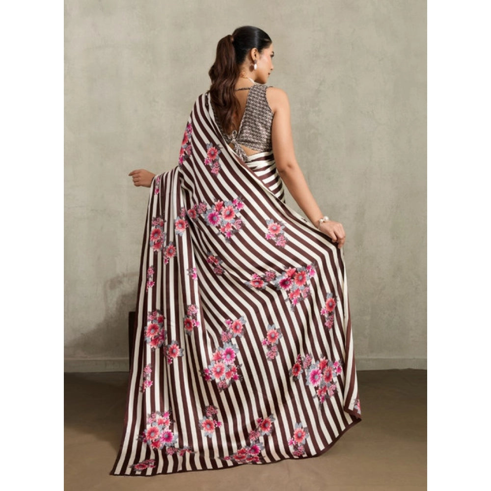 Vaystra Satin Crepe Printed Saree With Unstitched Blouse 5.5Mtr – Brown