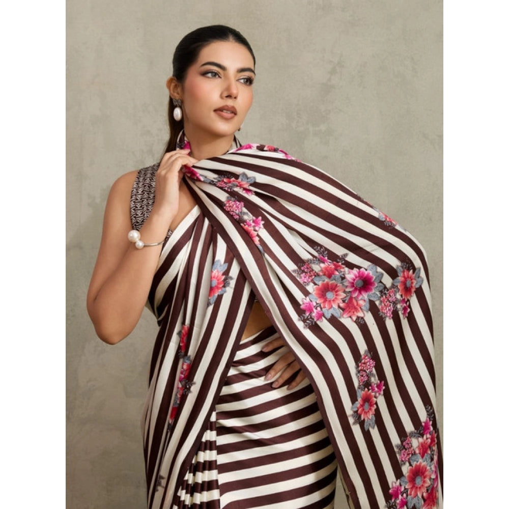 Vaystra Satin Crepe Printed Saree With Unstitched Blouse 5.5Mtr – Brown