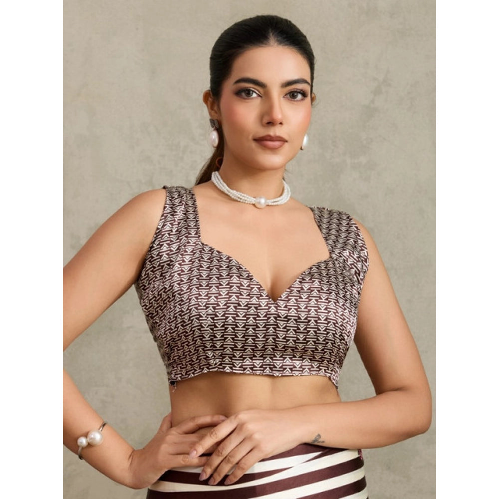 Vaystra Satin Crepe Printed Saree With Unstitched Blouse 5.5Mtr – Brown