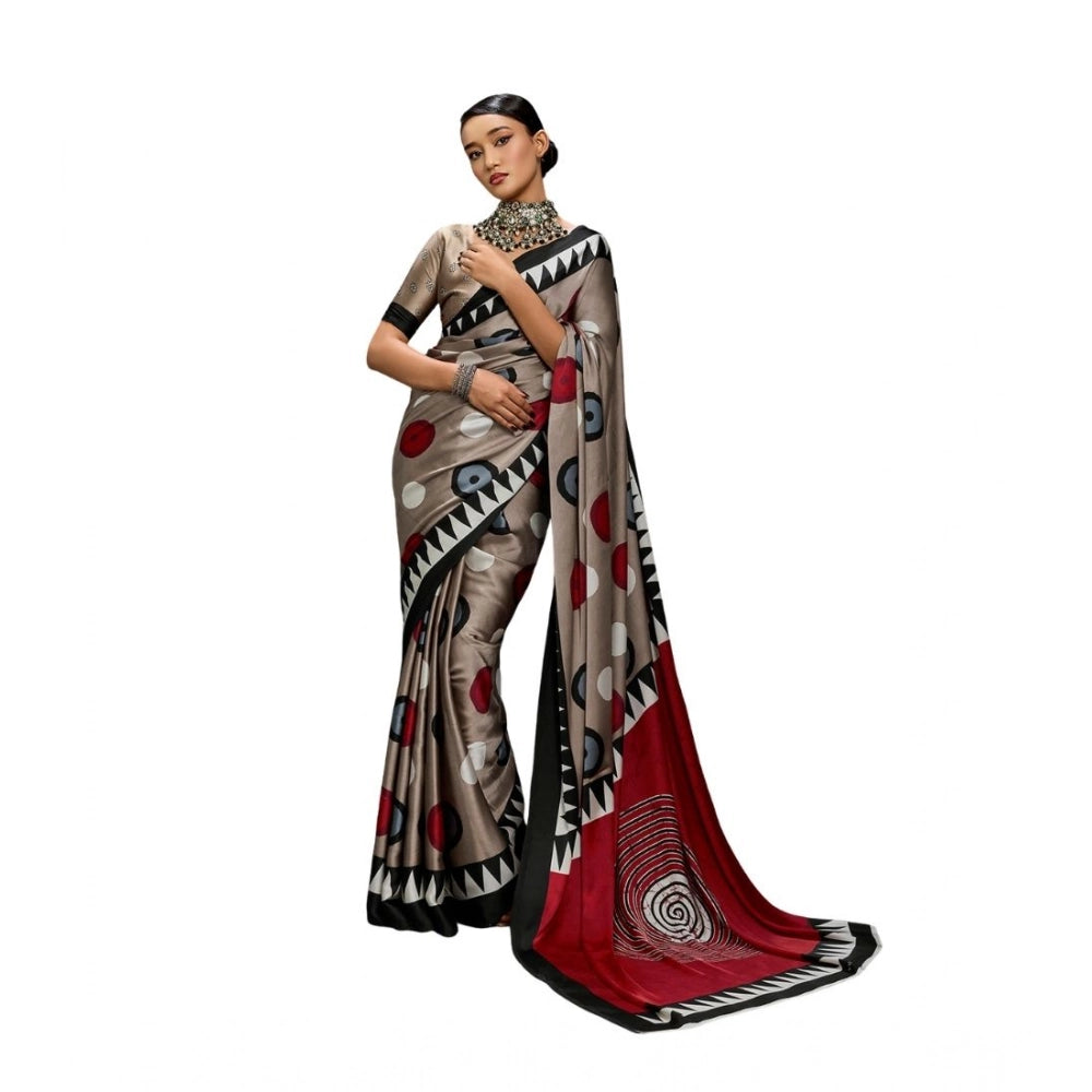 Vaystra Satin Crepe Printed Saree With Unstitched Blouse 5.5Mtr – Grey