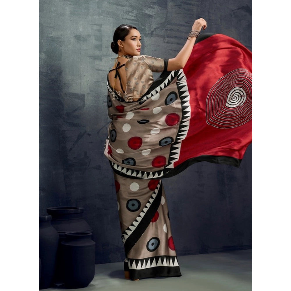 Vaystra Satin Crepe Printed Saree With Unstitched Blouse 5.5Mtr – Grey