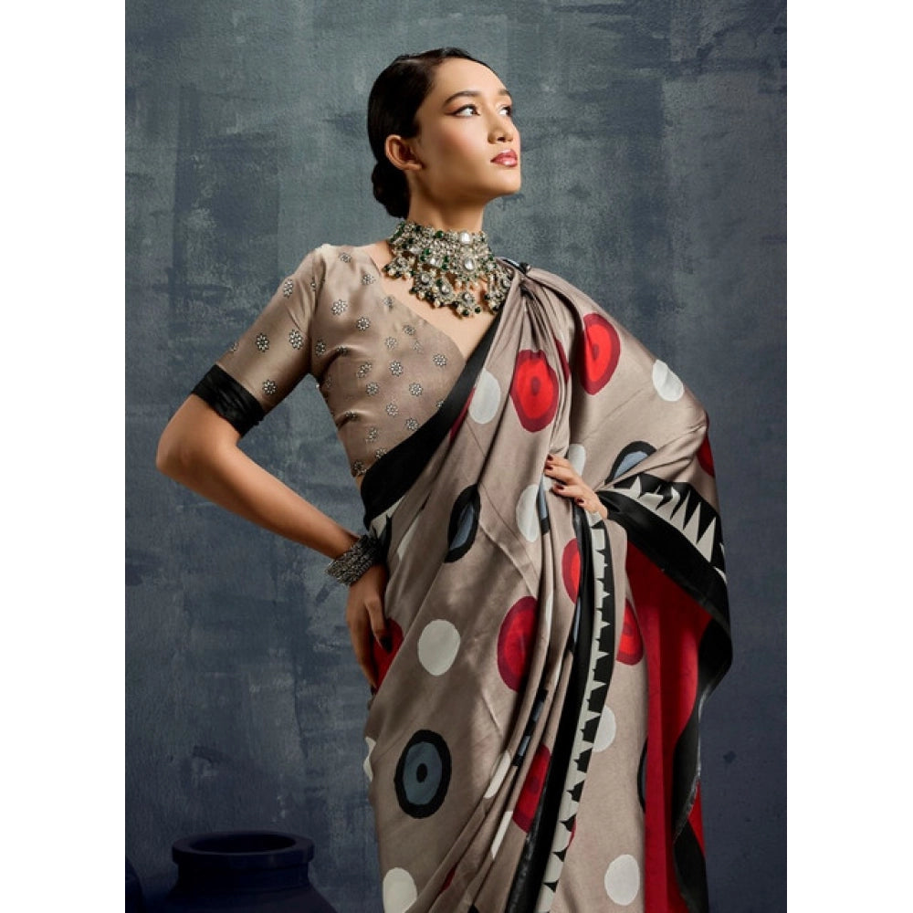 Vaystra Satin Crepe Printed Saree With Unstitched Blouse 5.5Mtr – Grey