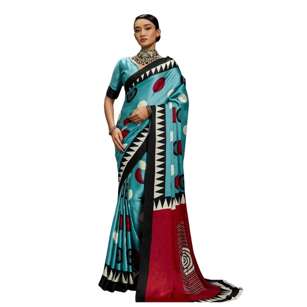 Vaystra Satin Crepe Printed Saree With Unstitched Blouse 5.5Mtr – Sky Blue