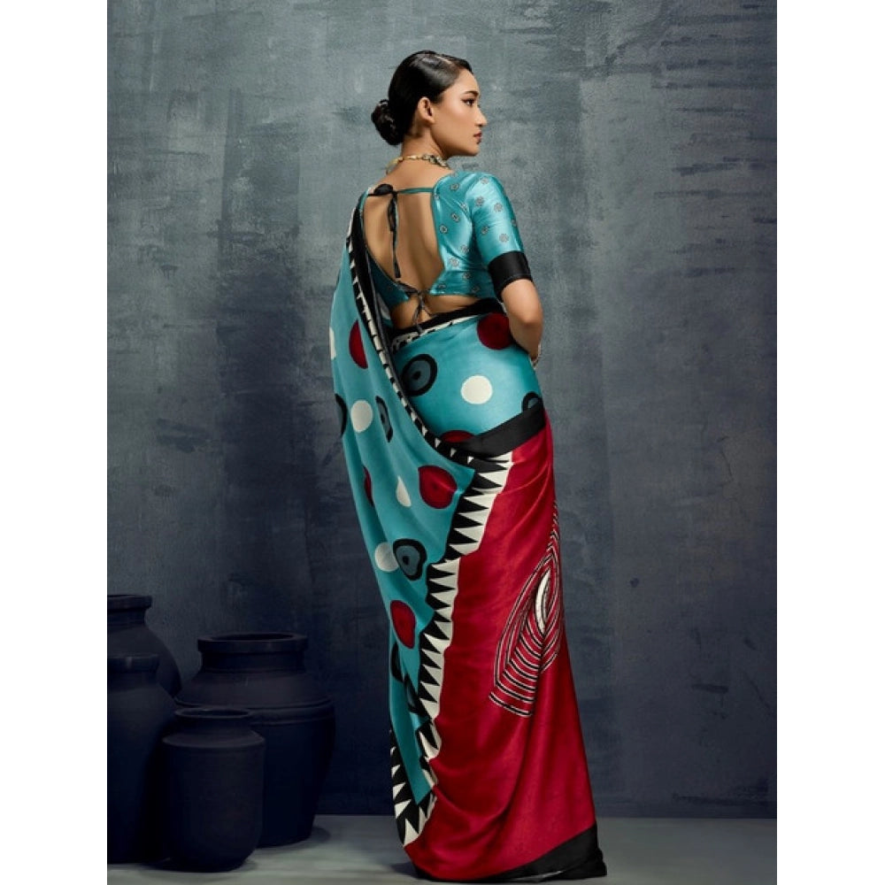 Vaystra Satin Crepe Printed Saree With Unstitched Blouse 5.5Mtr – Sky Blue