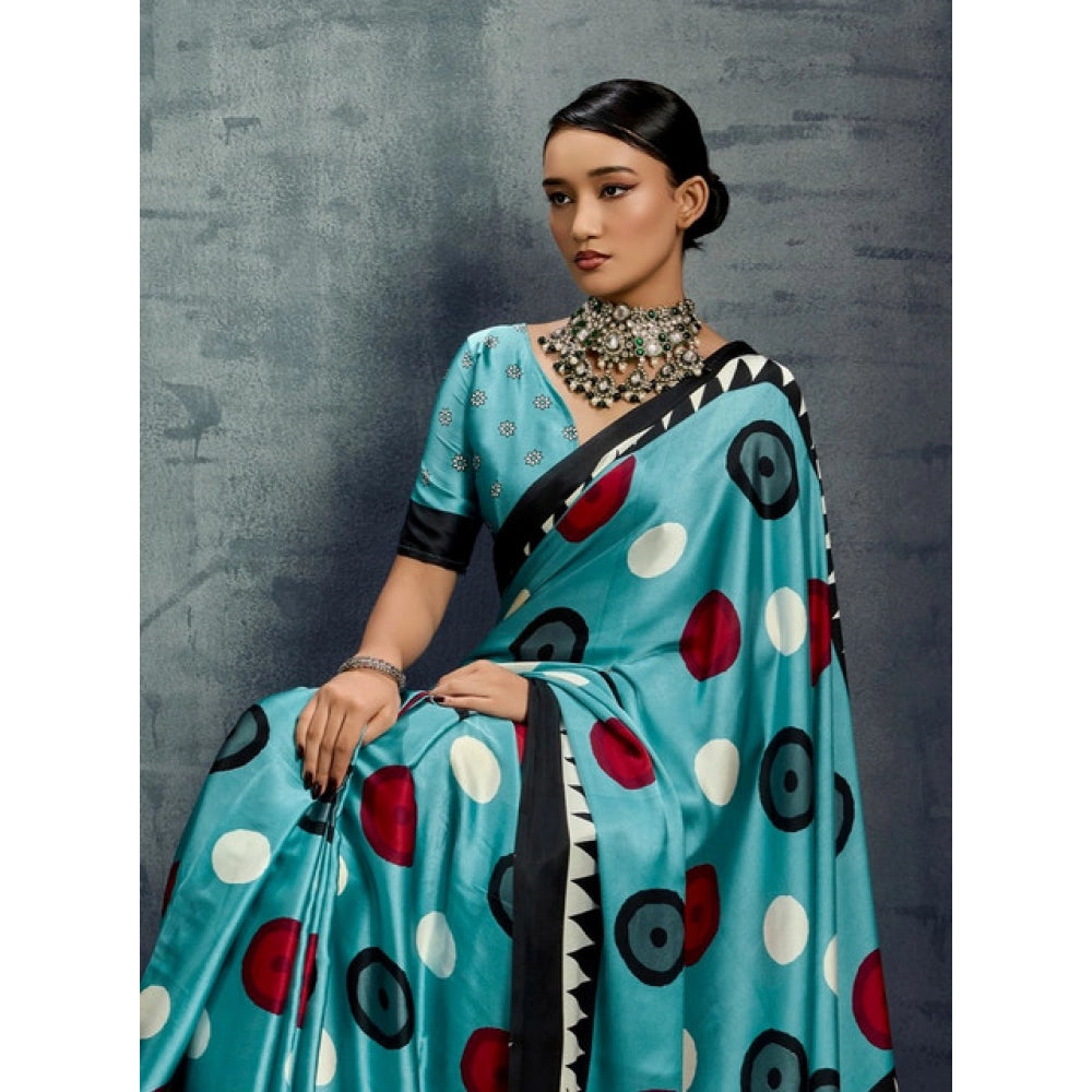 Vaystra Satin Crepe Printed Saree With Unstitched Blouse 5.5Mtr – Sky Blue