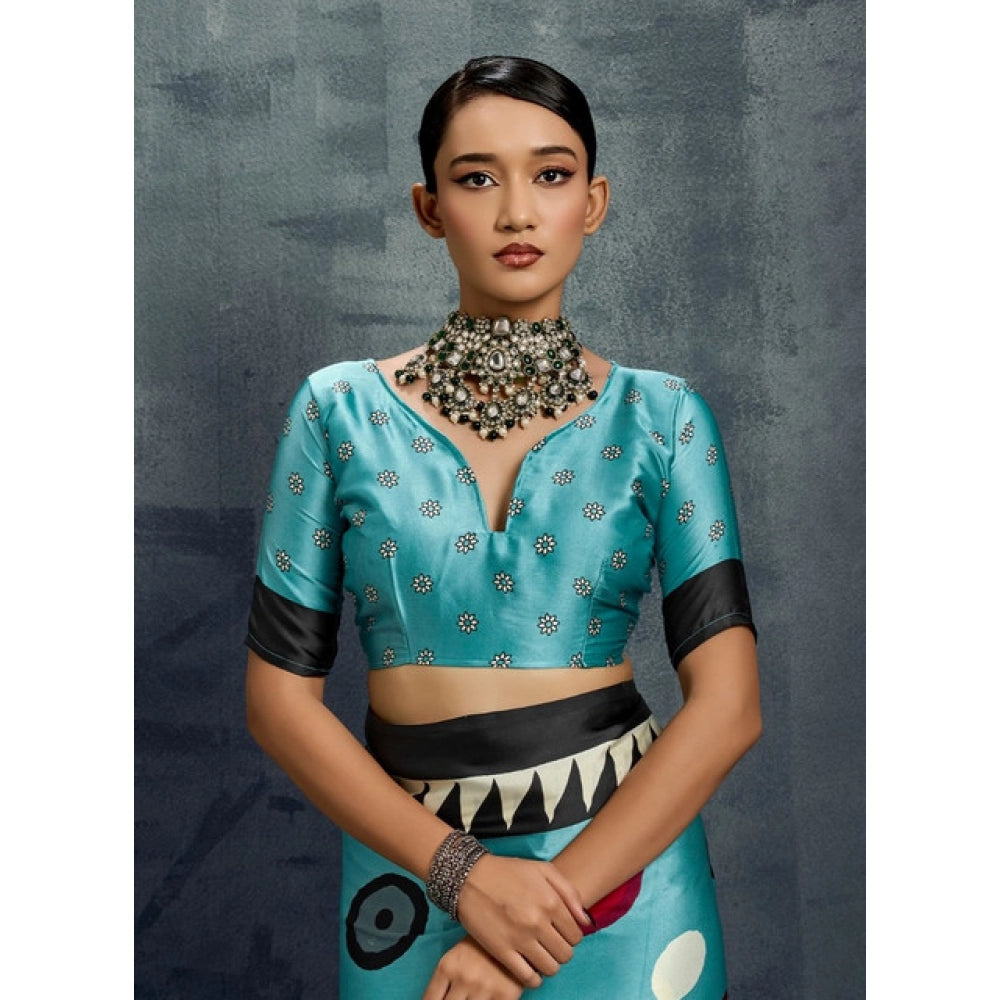 Vaystra Satin Crepe Printed Saree With Unstitched Blouse 5.5Mtr – Sky Blue
