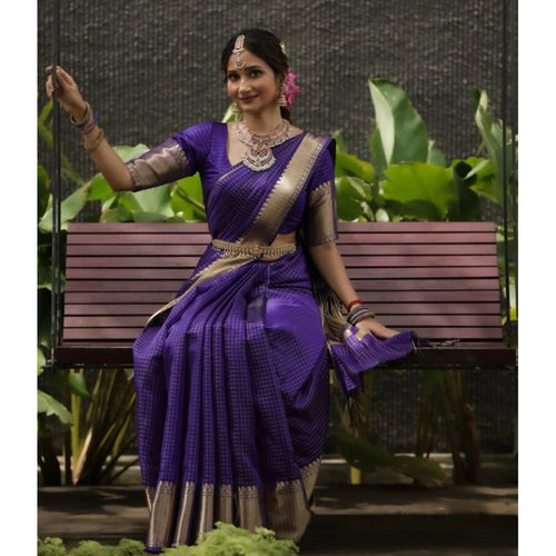 Vaystra Banarasi Silk Printed Saree With Unstitched Blouse 5.5Mtr – Purple