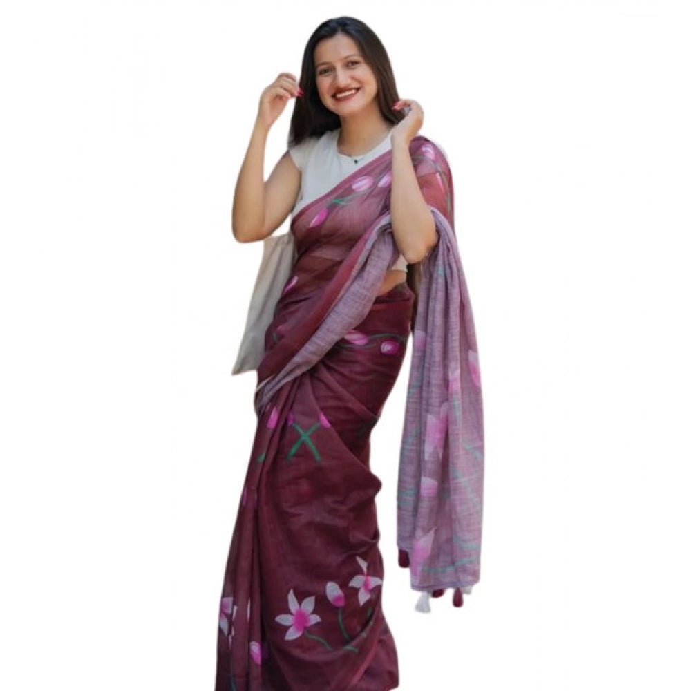 Vaystra Linen Printed Saree With Unstitched Blouse 5.5Mtr – Brown