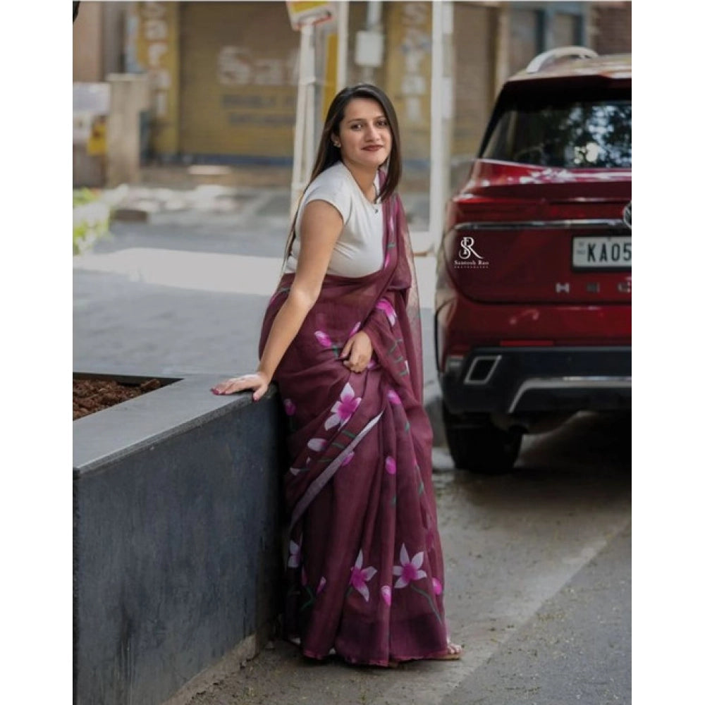Vaystra Linen Printed Saree With Unstitched Blouse 5.5Mtr – Brown