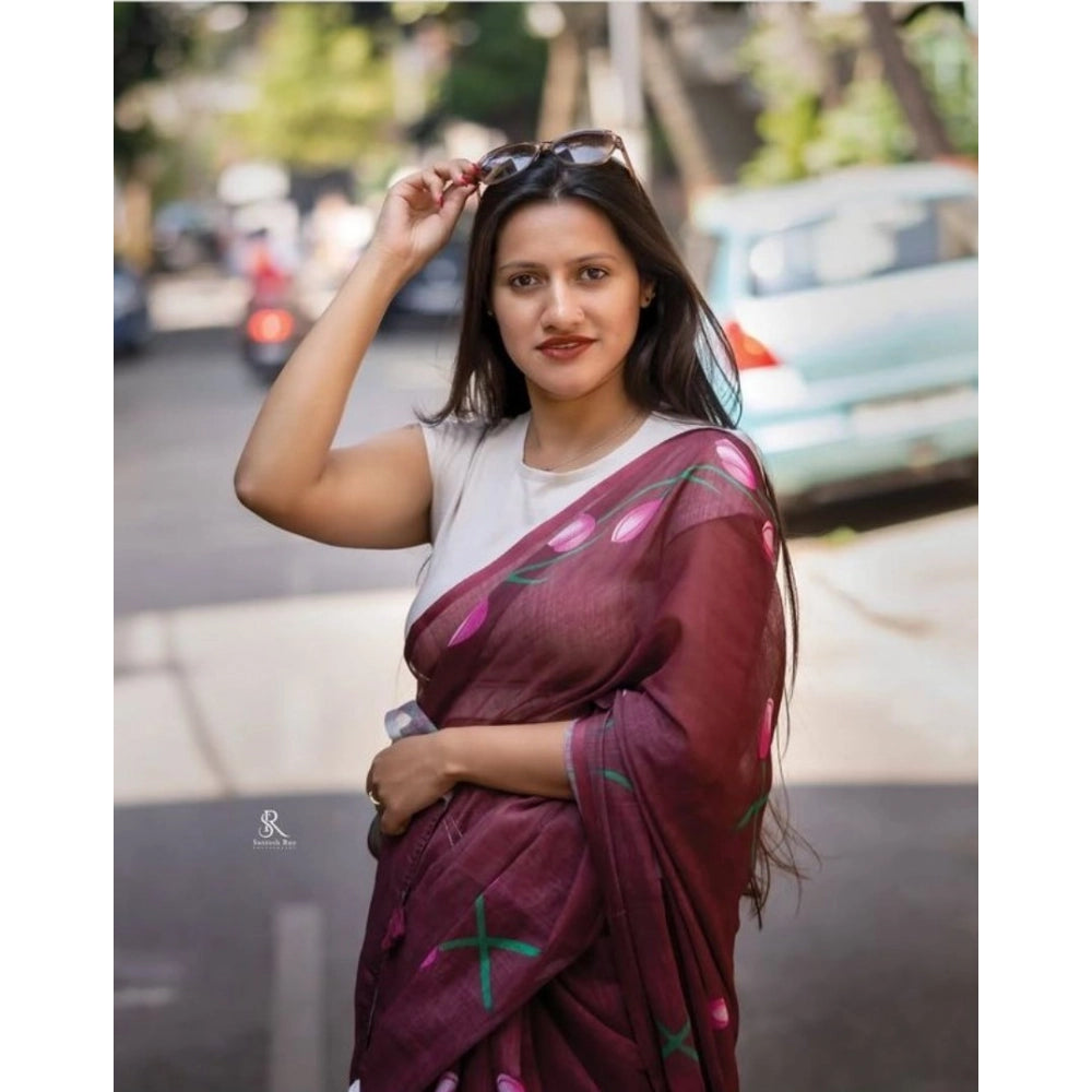 Vaystra Linen Printed Saree With Unstitched Blouse 5.5Mtr – Brown