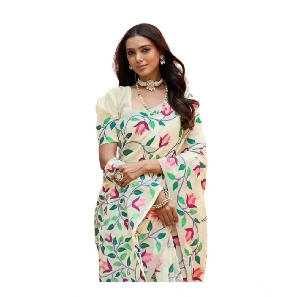 Vaystra Georgette Printed Saree With Unstitched Blouse 5.5Mtr – Cream