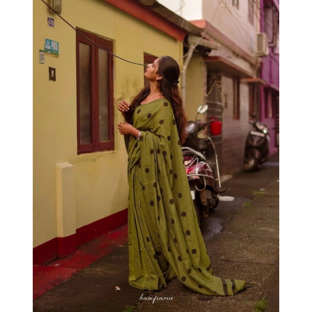 Vaystra Linen Printed Saree With Unstitched Blouse 5.5Mtr – Green
