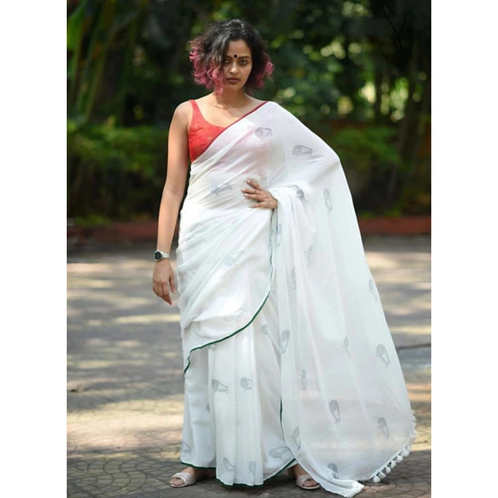 Vaystra Linen Printed Saree With Unstitched Blouse 5.5Mtr – White