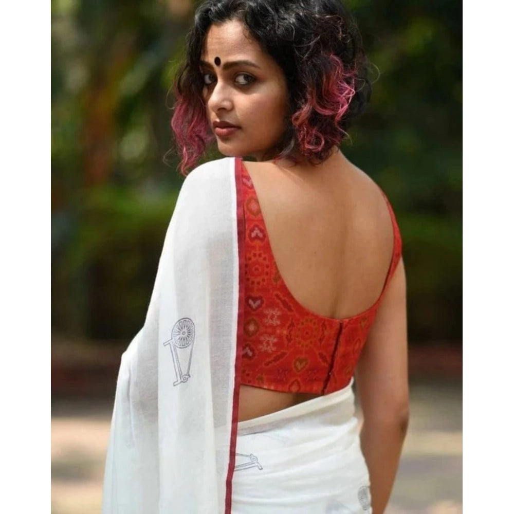 Vaystra Linen Printed Saree With Unstitched Blouse 5.5Mtr – White