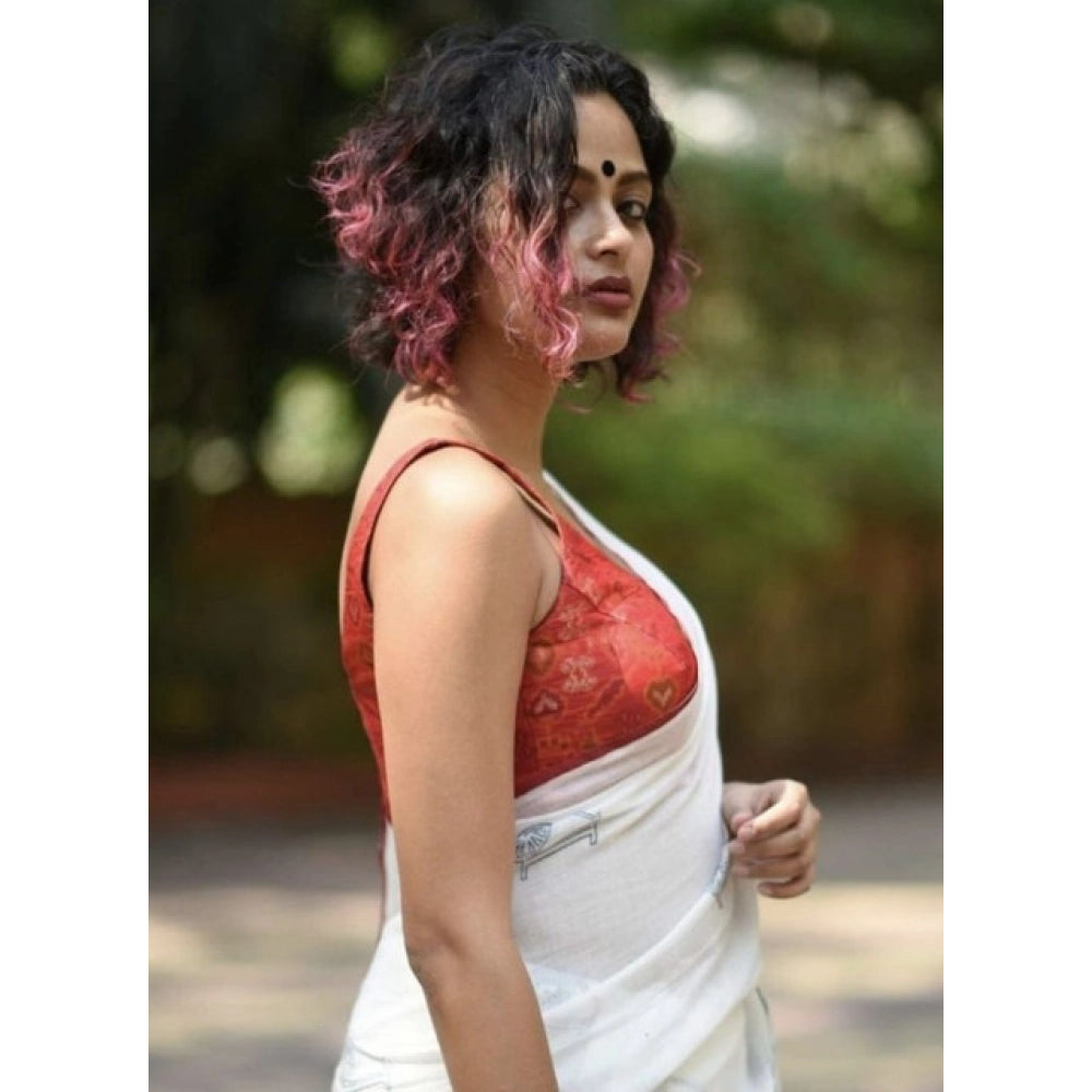 Vaystra Linen Printed Saree With Unstitched Blouse 5.5Mtr – White