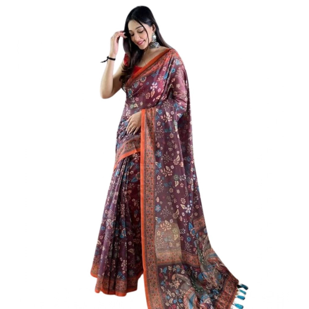 Vaystra Linen Printed Saree With Unstitched Blouse 5.5Mtr – Brown