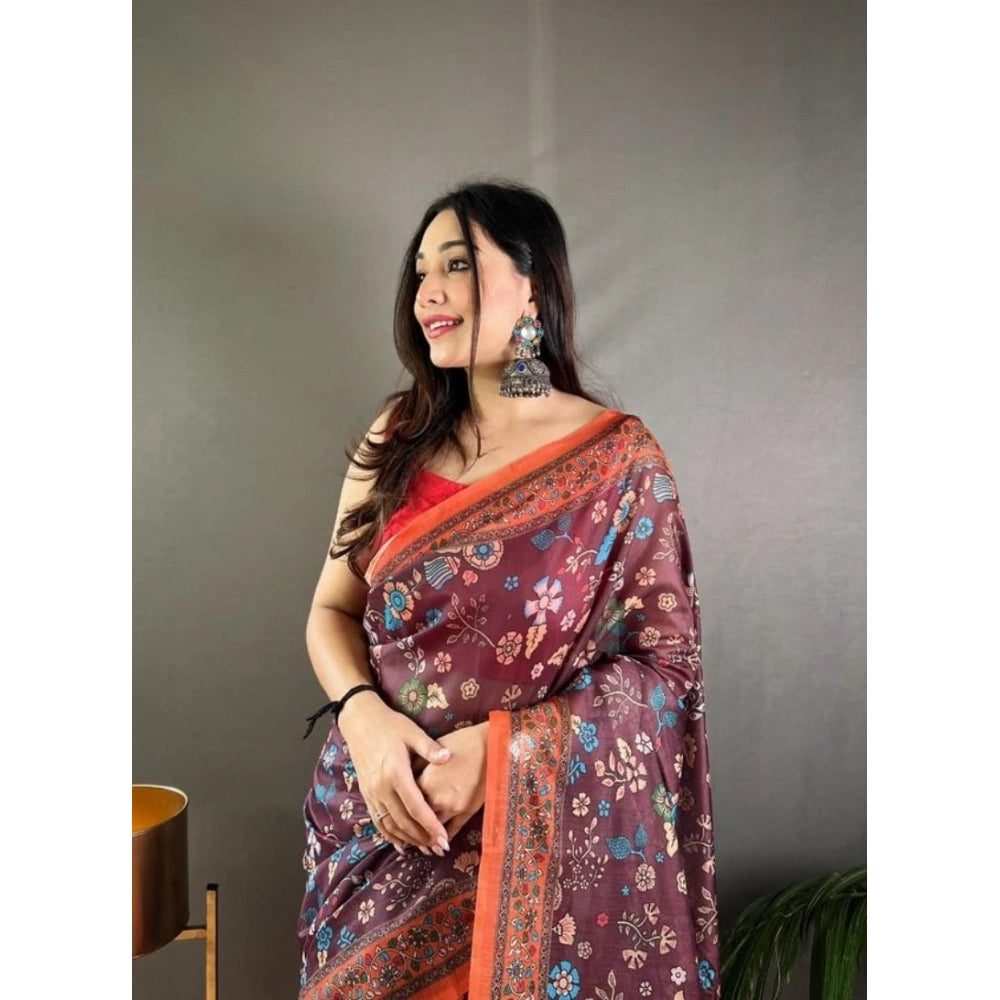 Vaystra Linen Printed Saree With Unstitched Blouse 5.5Mtr – Brown
