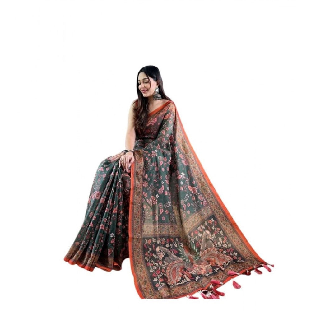 Vaystra Linen Printed Saree With Unstitched Blouse 5.5Mtr – Green