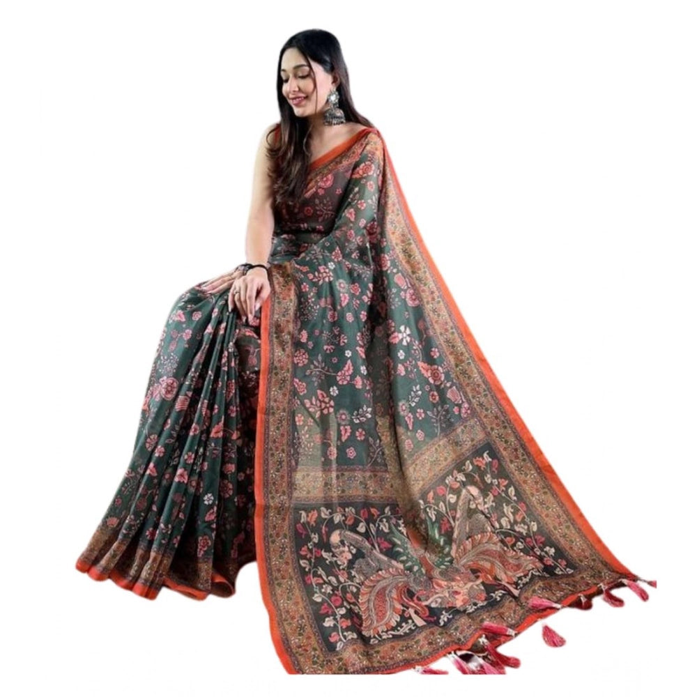 Vaystra Linen Printed Saree With Unstitched Blouse 5.5Mtr – Green