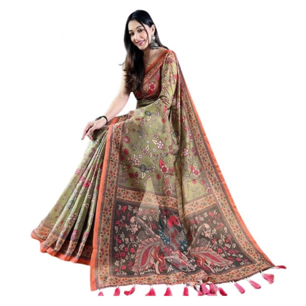 Vaystra Linen Printed Saree With Unstitched Blouse 5.5Mtr – Sea Green