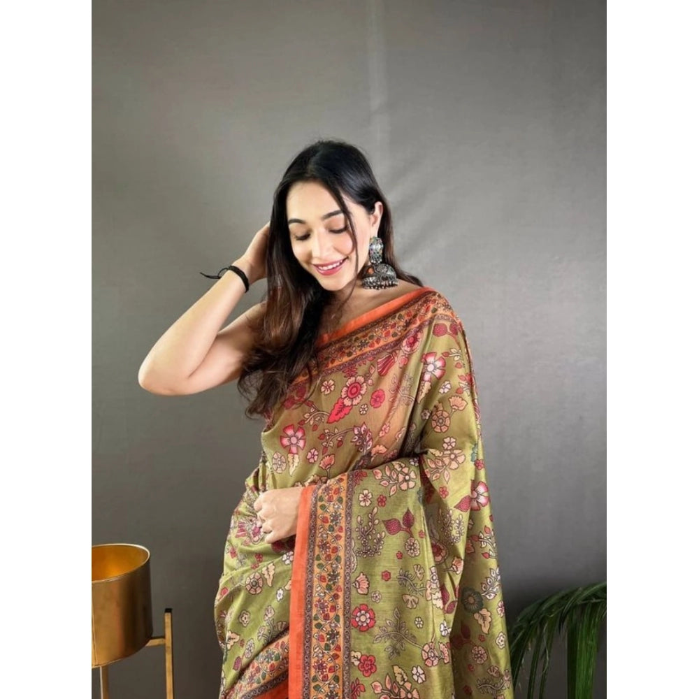 Vaystra Linen Printed Saree With Unstitched Blouse 5.5Mtr – Sea Green