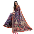 Vaystra Linen Printed Saree With Unstitched Blouse 5.5Mtr – Blue