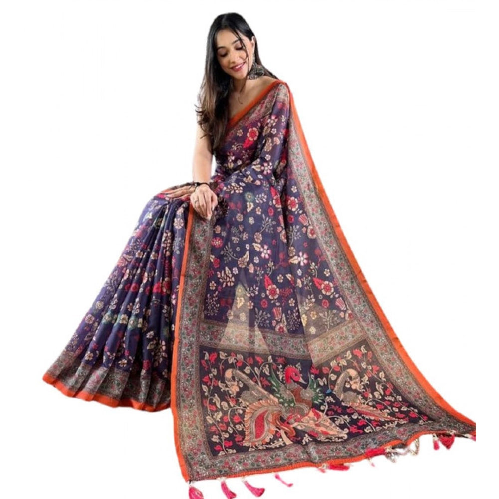 Vaystra Linen Printed Saree With Unstitched Blouse 5.5Mtr – Blue