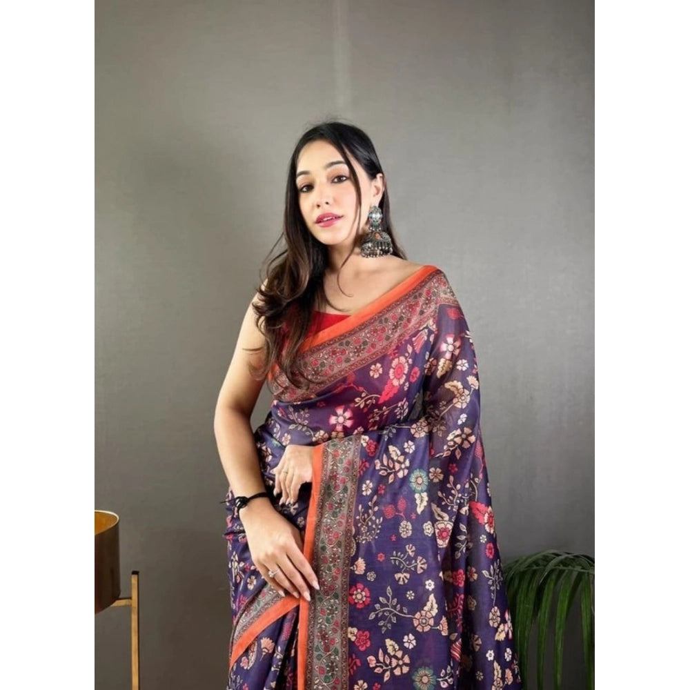 Vaystra Linen Printed Saree With Unstitched Blouse 5.5Mtr – Blue