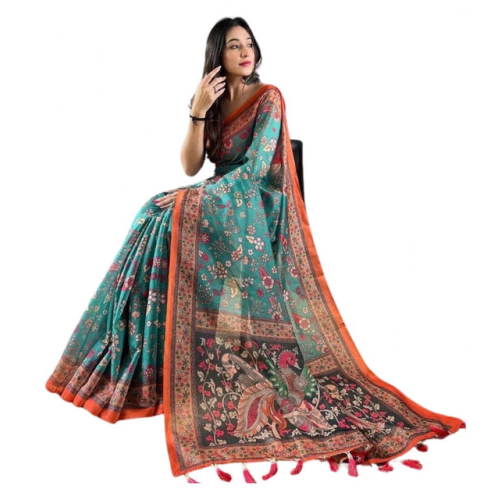 Vaystra Linen Printed Saree With Unstitched Blouse 5.5Mtr – Olive