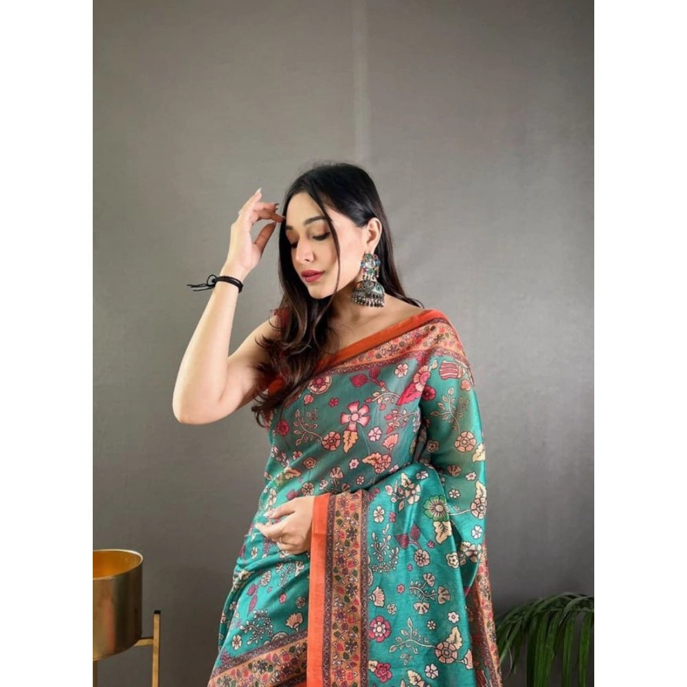Vaystra Linen Printed Saree With Unstitched Blouse 5.5Mtr – Olive
