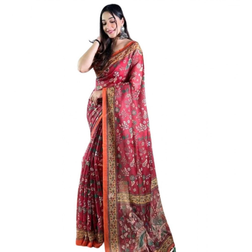 Vaystra Linen Printed Saree With Unstitched Blouse 5.5Mtr – Red