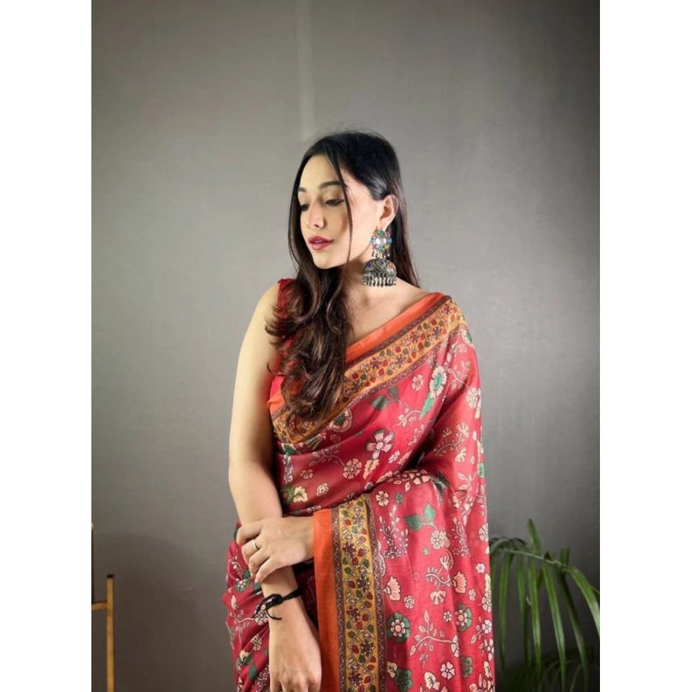 Vaystra Linen Printed Saree With Unstitched Blouse 5.5Mtr – Red