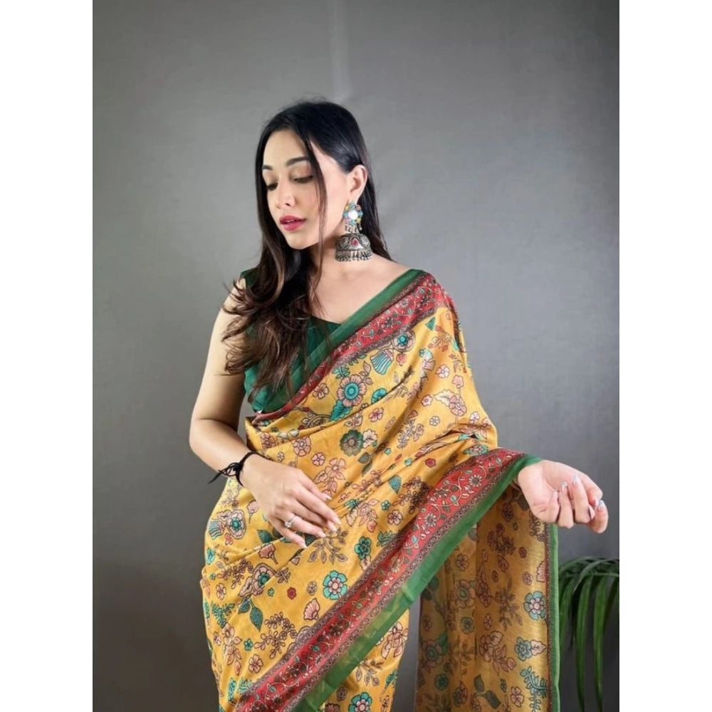 Vaystra Linen Printed Saree With Unstitched Blouse 5.5Mtr – Yellow