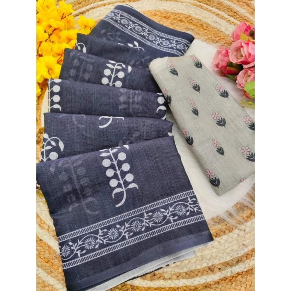 Vaystra Linen Printed Saree With Unstitched Blouse 5.5Mtr – Grey