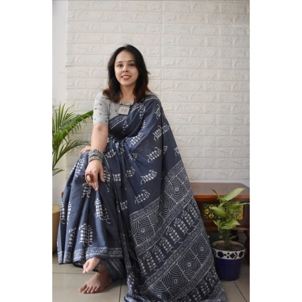 Vaystra Linen Printed Saree With Unstitched Blouse 5.5Mtr – Grey
