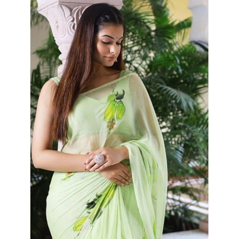 Vaystra Linen Printed Saree With Unstitched Blouse 5.5Mtr – Green