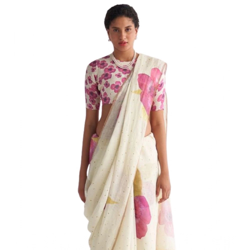 Vaystra Linen Printed Saree With Unstitched Blouse 5.5Mtr – White