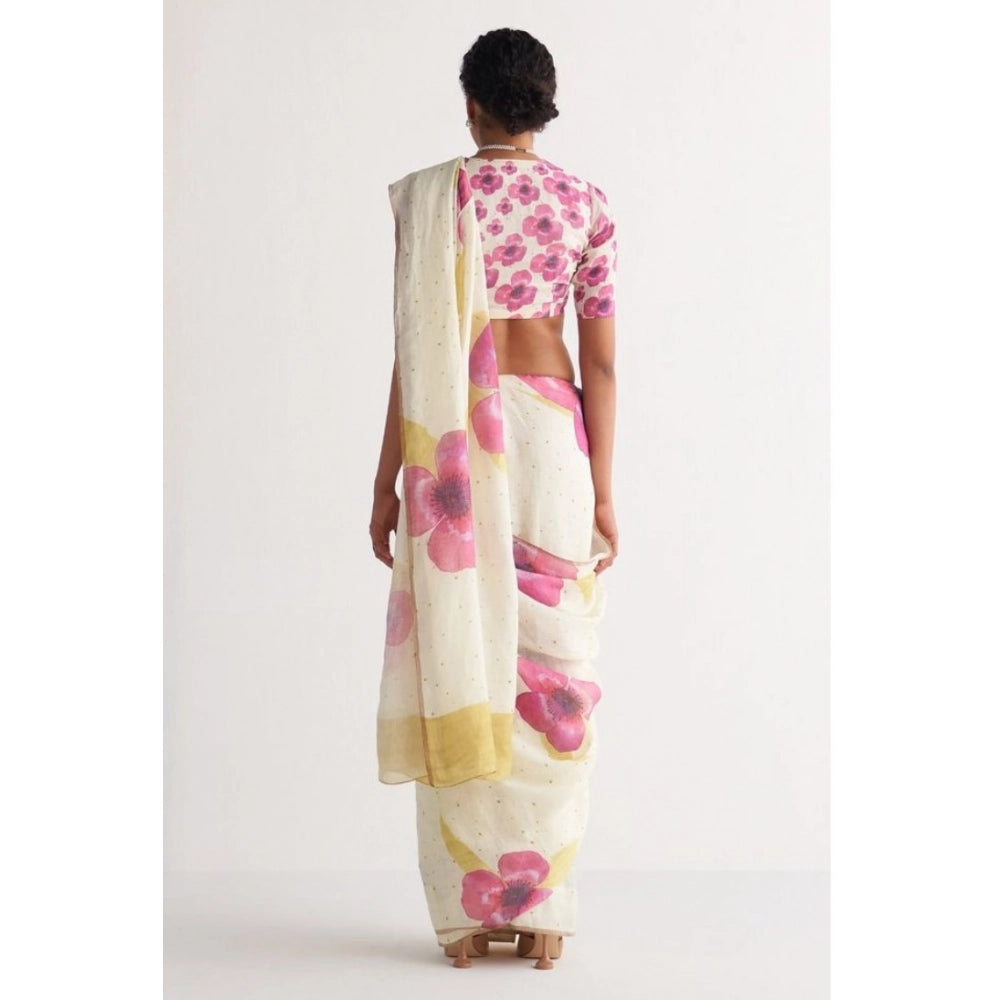 Vaystra Linen Printed Saree With Unstitched Blouse 5.5Mtr – White