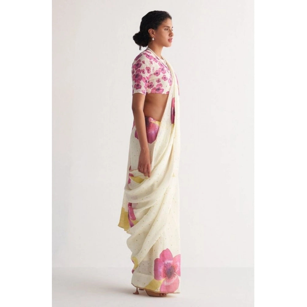 Vaystra Linen Printed Saree With Unstitched Blouse 5.5Mtr – White