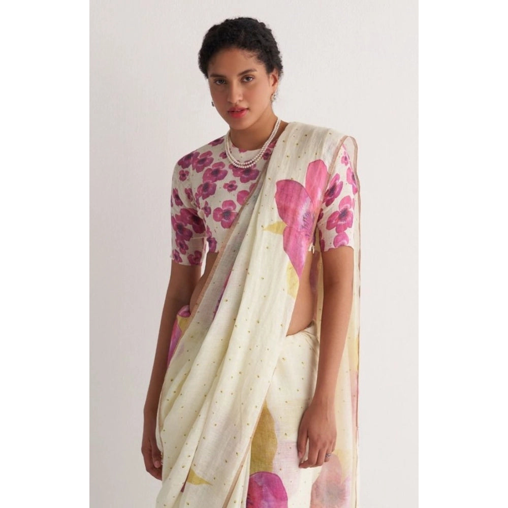 Vaystra Linen Printed Saree With Unstitched Blouse 5.5Mtr – White