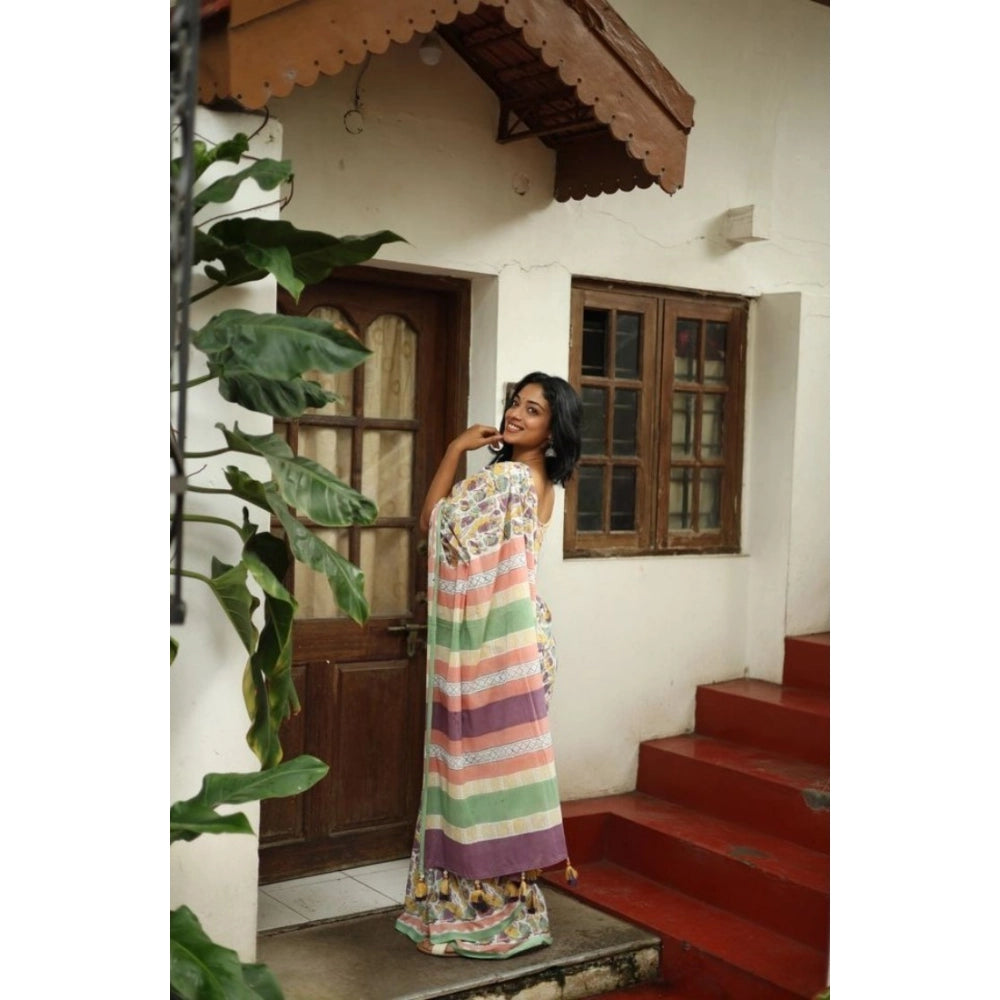 Vaystra Linen Printed Saree With Unstitched Blouse 5.5Mtr – Multicolor