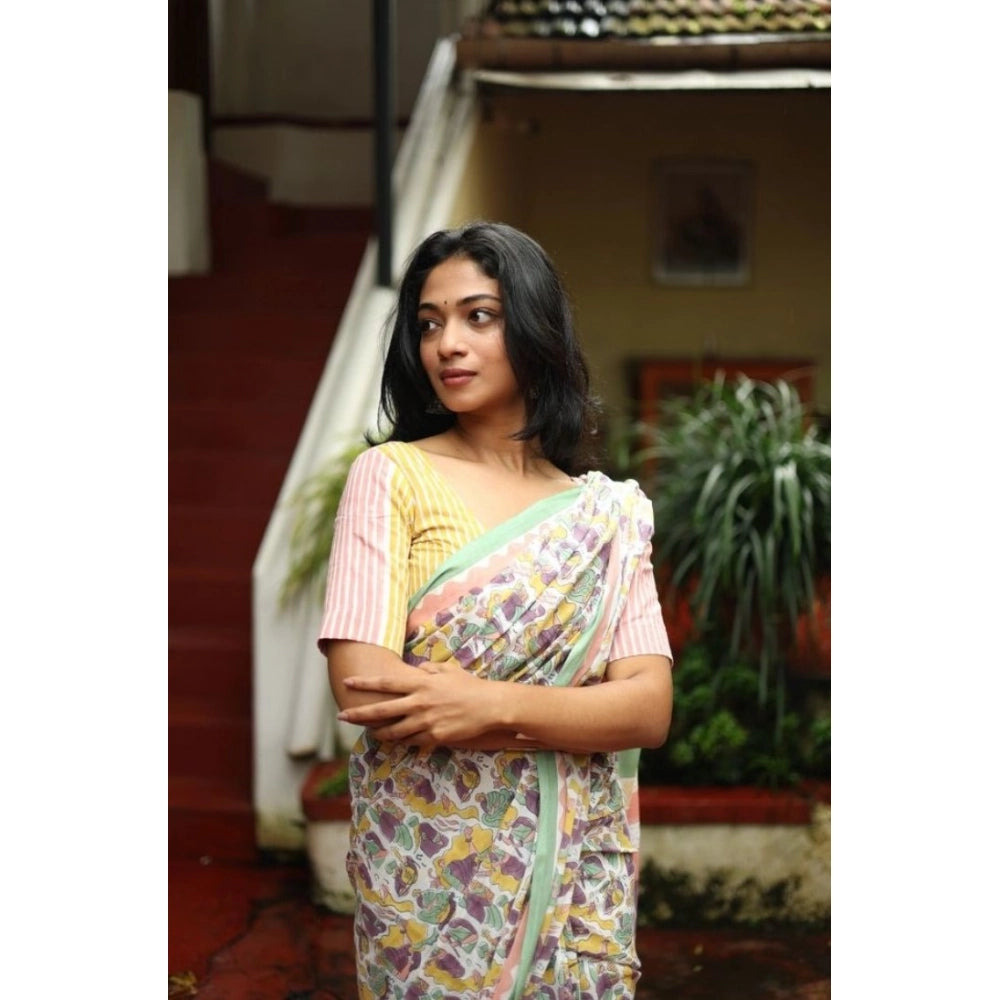 Vaystra Linen Printed Saree With Unstitched Blouse 5.5Mtr – Multicolor