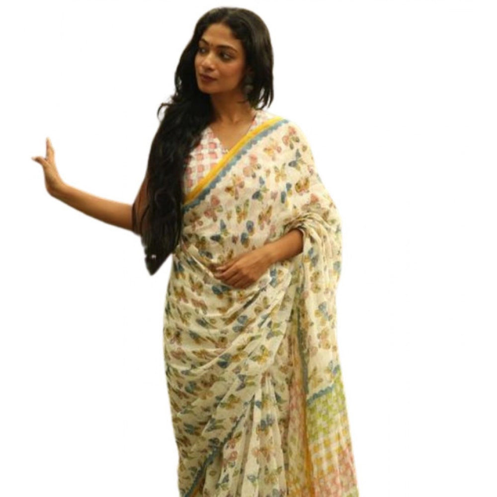 Vaystra Linen Printed Saree With Unstitched Blouse 5.5Mtr – White
