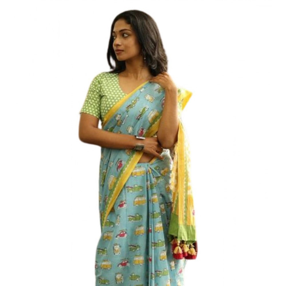 Vaystra Linen Printed Saree With Unstitched Blouse 5.5Mtr – Blue