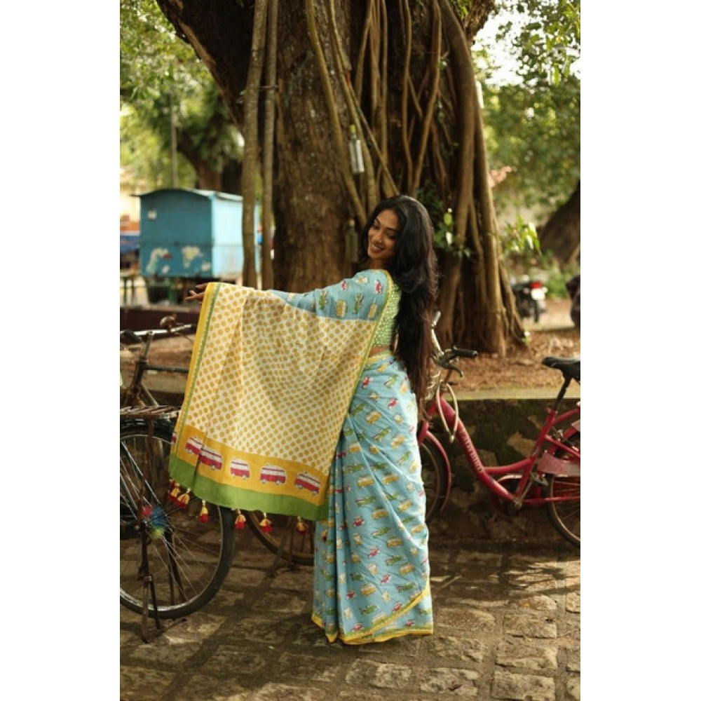 Vaystra Linen Printed Saree With Unstitched Blouse 5.5Mtr – Blue