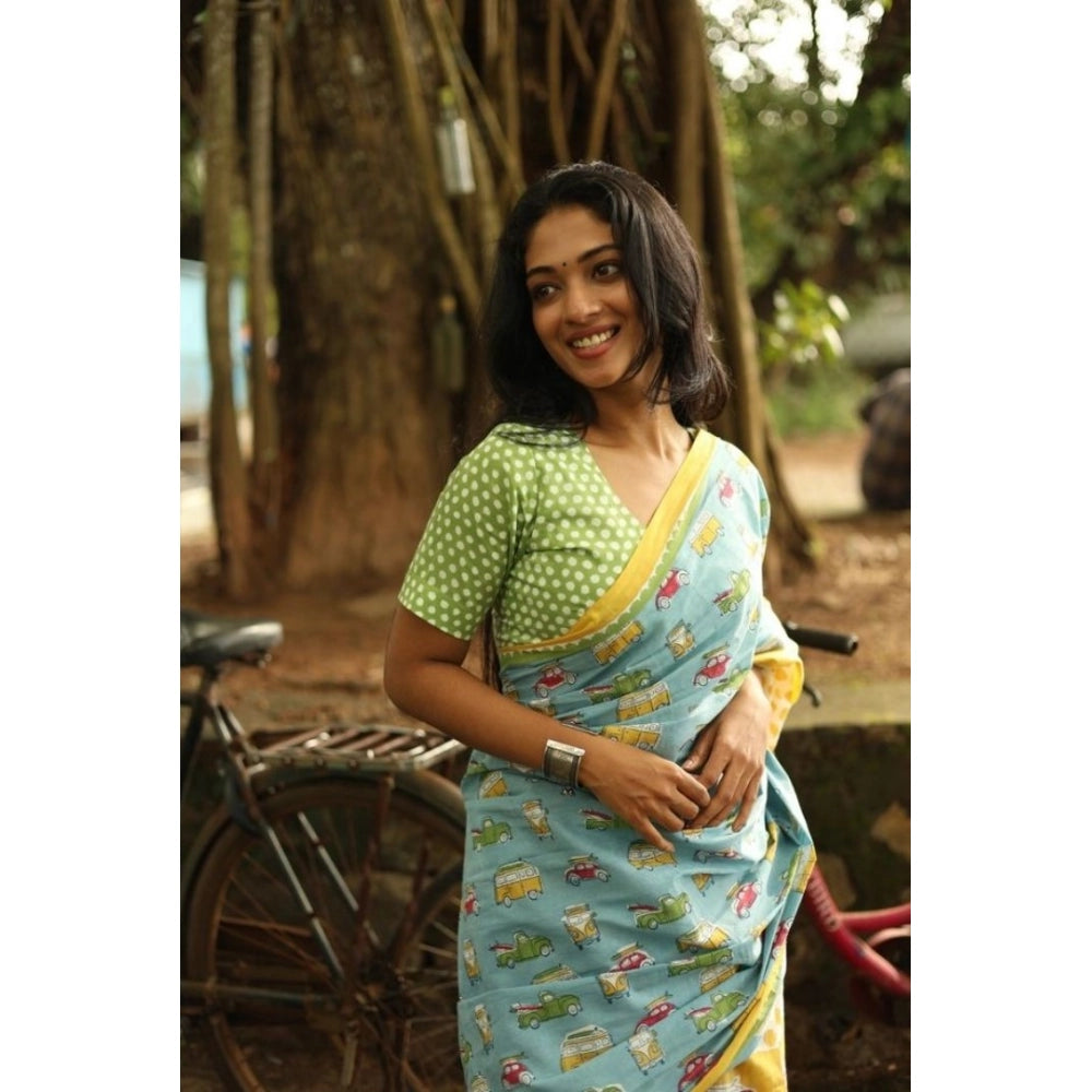 Vaystra Linen Printed Saree With Unstitched Blouse 5.5Mtr – Blue