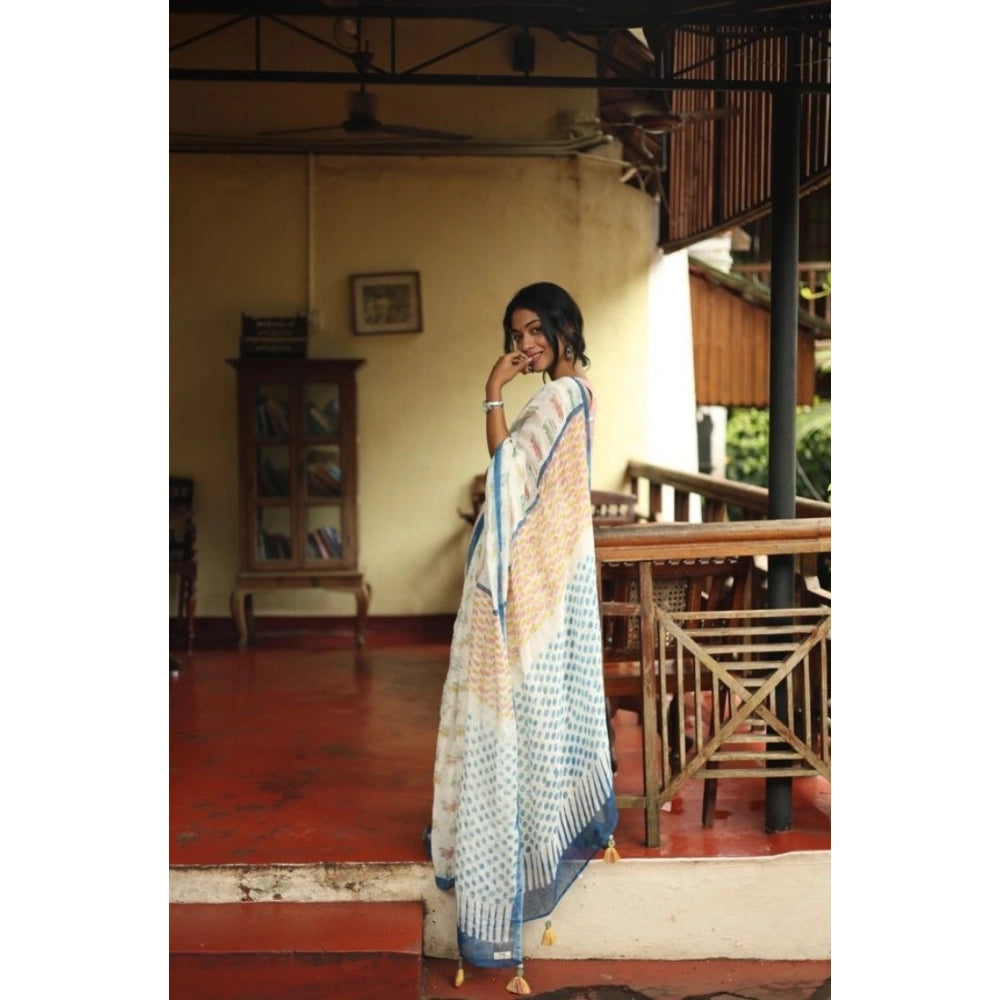 Vaystra Linen Printed Saree With Unstitched Blouse 5.5Mtr – White