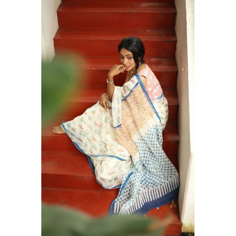 Vaystra Linen Printed Saree With Unstitched Blouse 5.5Mtr – White