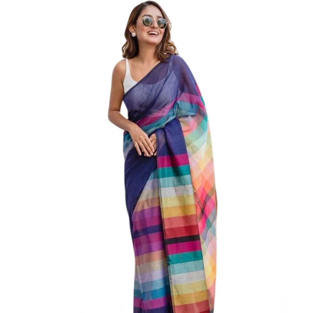 Vaystra Linen Printed Saree With Unstitched Blouse 5.5Mtr – Navy
